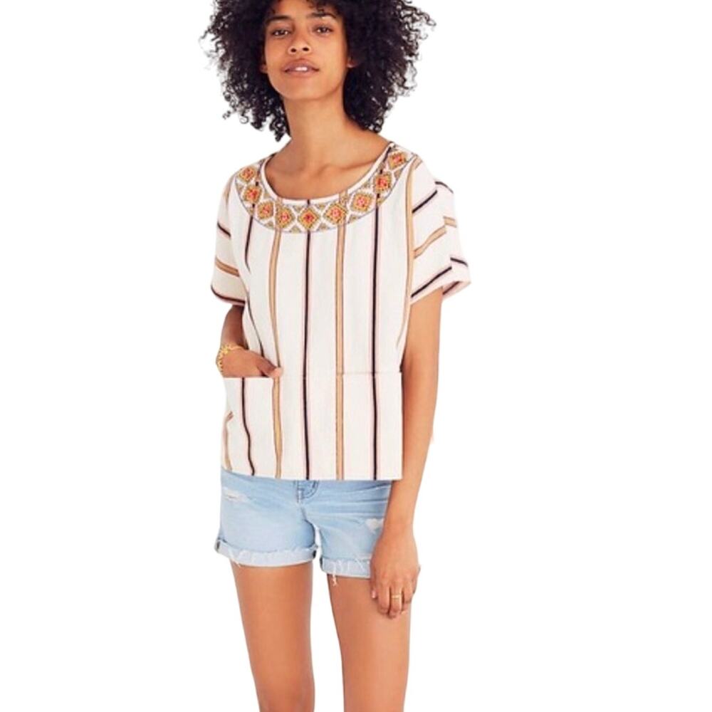 Madewell Embroidered Boxy Striped Short Sleeve Crop Top Striped Cream Medium